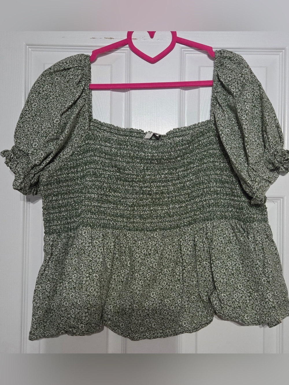 American Eagle Green Ditsy Floral Smocked Puff Sleeve Peplum Babydoll Top Sz XXL
